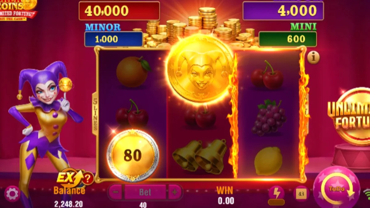 Tampilan visual slot Joker Coins Unlimited Fortune dengan tema neon dan buah-buahan